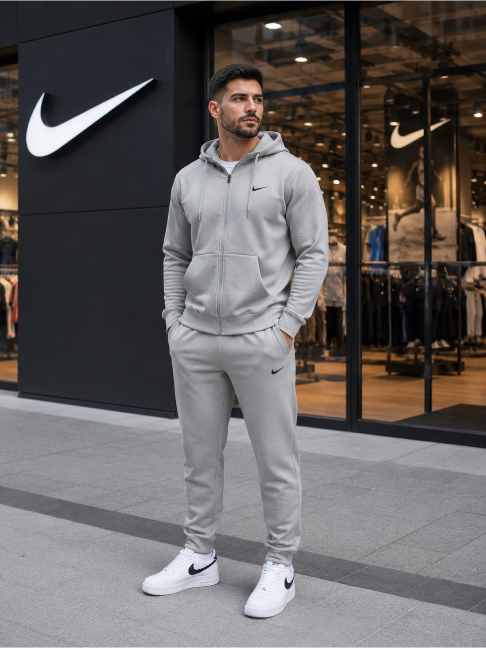 Nike Light Gray Zip Hoodie & Joggers Set with Black Swoosh